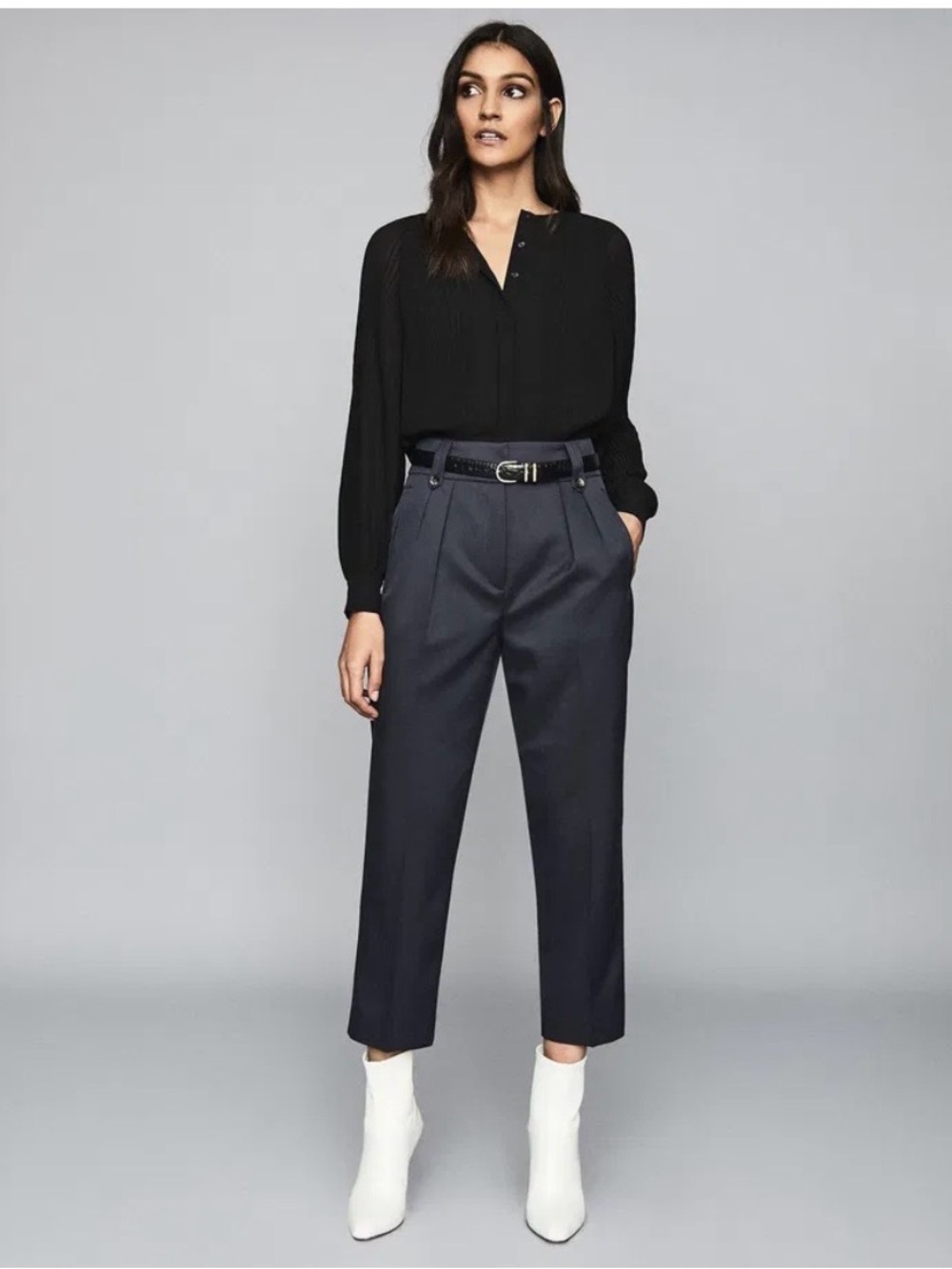 REISS Hendrix High Waisted Pleat Front Trousers Dark Blue Size 10